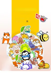 Detailed collection of 50 cute cartoon animal stickers featuring waterproof vinyl material