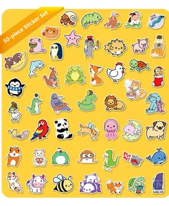 50-piece cute cartoon animal sticker set featuring panda, fox, and koala on yellow background
