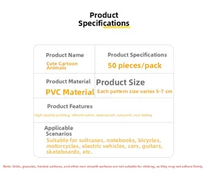 Detailed PVC animal sticker specifications showing waterproof and sun-proof features