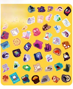 Detailed grid of 50 waterproof animal stickers with inspiring English quotes and drawings