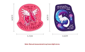 Detailed view showing dimensions of pink Pegasus and purple moon cat stickers