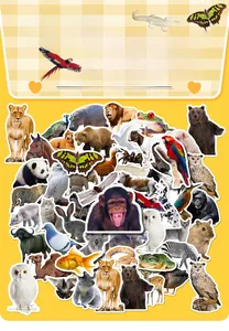 Lot de stickers animaux réalistes avec panda, lion et koala sur un fond jaune vif