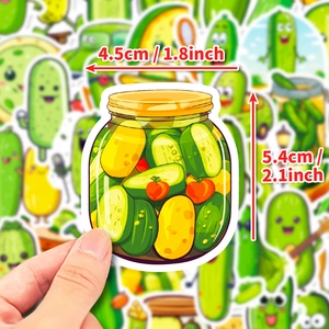 Detail showing cartoon pickle jar sticker dimensions 4.5cm x 5.4cm with vibrant colors