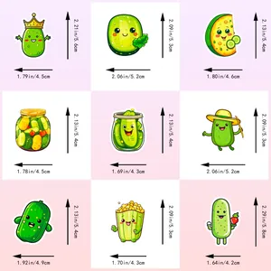 Size chart showing nine cartoon pickle stickers with various dimensions and cute characters