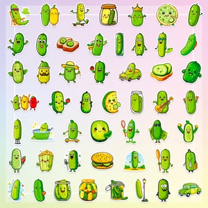51 funny cartoon pickle stickers set featuring anthropomorphic cucumber characters
