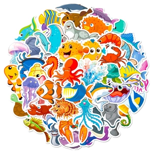 50 autocollants mignons de créatures marines avec méduses, requins et poulpes colorés