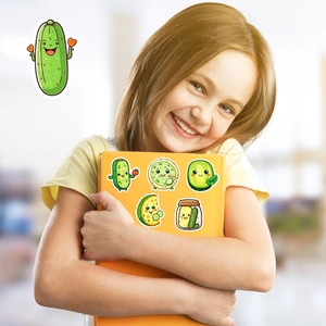 Girl holding orange notebook decorated with cute cartoon pickle and cucumber stickers