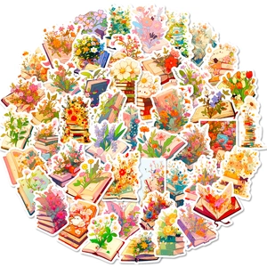 Set di 50 adesivi vintage con fiori e libri in stile acquerello per journaling