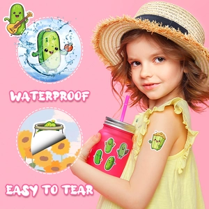 Waterproof cartoon pickle stickers shown on a gift box with easy to tear feature