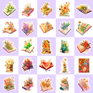 Set di 50 adesivi vintage con illustrazioni di fiori e libri aperti dallo stile retrò