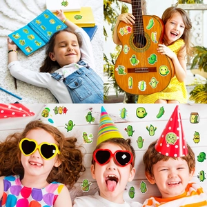 Cute cartoon pickle stickers shown applied to guitars and books in fun lifestyle scenes
