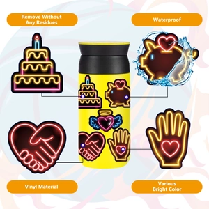 Waterproof neon vinyl stickers shown on a bottle with close-ups of heart and cake designs