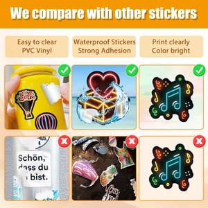 Detail of neon PVC stickers showing waterproof vinyl material and strong adhesive quality
