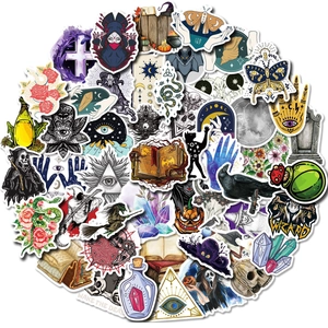 Gothic mystic magic stickers with skulls and potions for luggage and guitars
