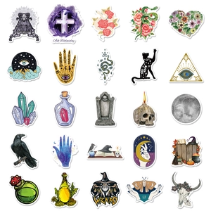 Detailed grid of 25 gothic magic stickers including skulls, wizard icons and potion bottles