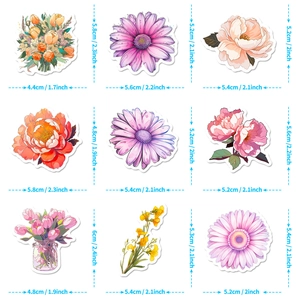 Tabla de tallas detallada para 9 pegatinas florales con medidas precisas en cm y pulgadas