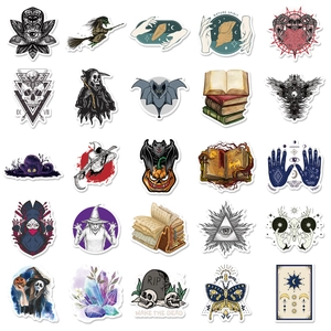 Detailed grid of gothic magic stickers featuring skulls witches and black cat designs