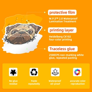Detalle de la capa impermeable WPS 2.0 e impresión Heidelberg en pegatinas de pug