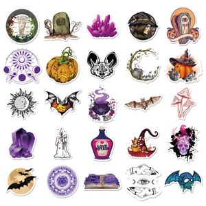 Detailed grid of 25 unique Gothic Halloween and witchcraft stickers with waterproof finish