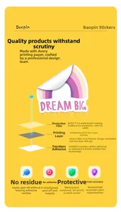 Vue détaillée des autocollants UV imperméables avec citation Dream Big et couches de matières