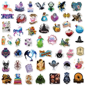 Flat lay detail of waterproof magic wizard stickers with potion bottles and crystal designs