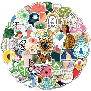Varietà di adesivi sulla salute mentale con motivi di cervello e girasole colorati