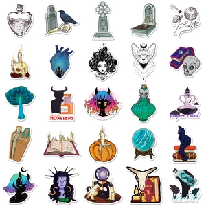 Detailed spread of 25 gothic magic stickers including skulls and mystical potions