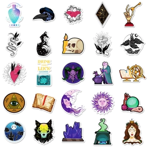 Flat lay detail of 25 unique magic-themed stickers with witchy and gothic designs