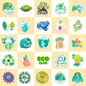 Set of 50 eco-friendly stickers with green nature conservation and earth day themes