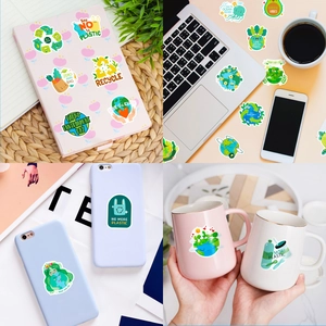 Eco-friendly stickers on laptop and water bottle featuring green recycle and earth motifs