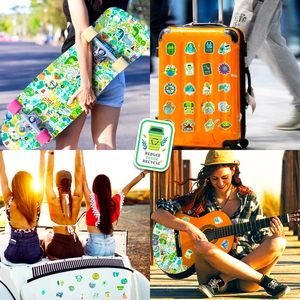 Waterproof environmental stickers shown applied to a skateboard, luggage, and guitar surface
