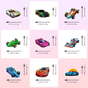 Vue détaillée de neuf autocollants de voiture de course JDM avec dimensions précises