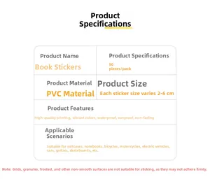 Detailed specification chart for 50pcs waterproof PVC book stickers showing product features