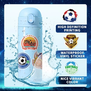 Waterproof sports stickers on blue vacuum bottle with dynamic water splash effect