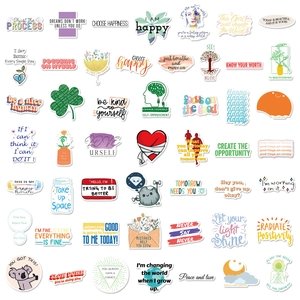 Vue à plat de stickers motivationnels colorés avec citations anglaises sur fond blanc