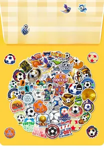 Detailed close-up of PVC soccer stickers featuring trophies and club-style badges