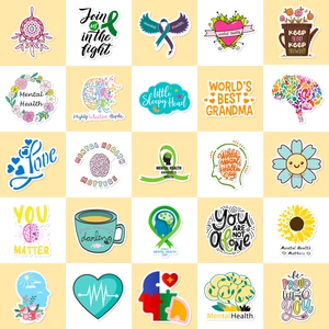 Collection of 50 mental health awareness stickers with creative brain and ribbon designs