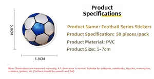 PVC soccer trophy stickers showing dimensions and pack of 50 for laptop or luggage