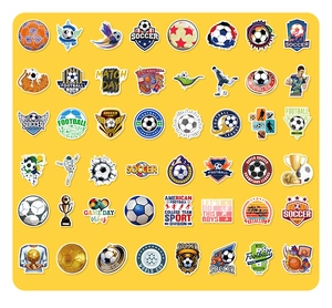 Detailed view of 50 soccer trophy PVC stickers arranged in a neat grid for football fans