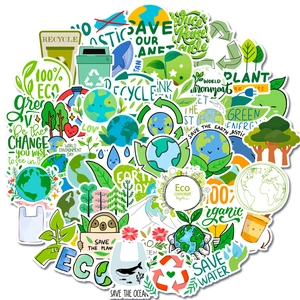 Close-up of eco-friendly graffiti stickers with recycling themes and nature motifs