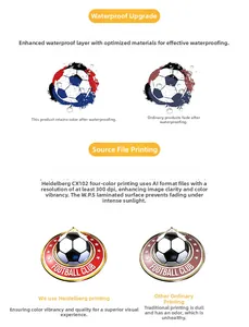 Detail of waterproof soccer trophy stickers showing 300dpi printing and UV protection