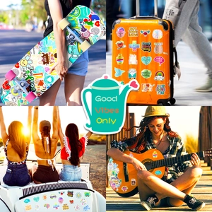 Mental health stickers displayed on a skateboard, suitcase, car, and guitar