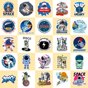 Close-up of 25 unique space exploration stickers featuring astronauts and rockets
