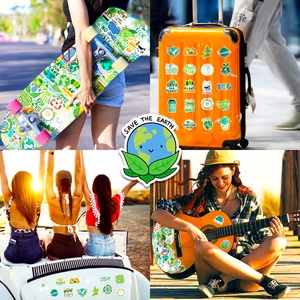 Eco-friendly vinyl stickers shown applied on skateboards, luggage, cars, and guitars