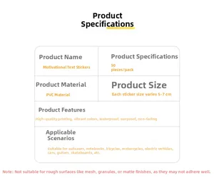 Tableau des spécifications pour autocollants PVC motivants avec détails de taille 5-7cm