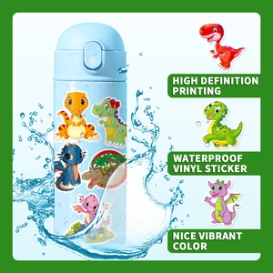 Waterproof vinyl dinosaur stickers on a blue water bottle with high-definition printing