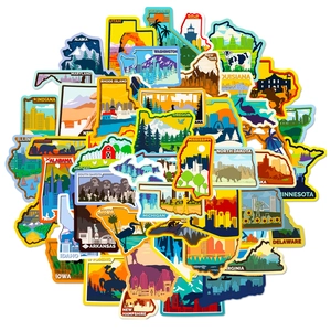 Dettaglio di adesivi impermeabili degli stati USA con disegni di viaggio in stile flat