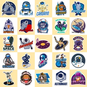 Detailed grid of 25 colorful cartoon astronaut and space stickers for laptop decoration