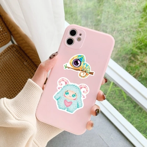 Pink matte phone case decorated with cute big-eyed cartoon chameleon and monster stickers