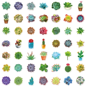 Collection of 49 colorful succulent and cactus stickers in aesthetic Nordic green style